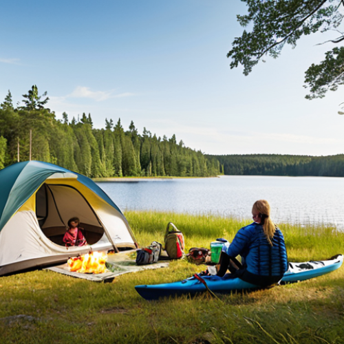 Home 4 A scenic campsite in Sweden during summer. Show a family setting up a tent near a calm lake surrounded by lush green forest. Capture the "Allemansrätten" spirit, emphasizing respect for nature. Include kayaking equipment and clear skies.