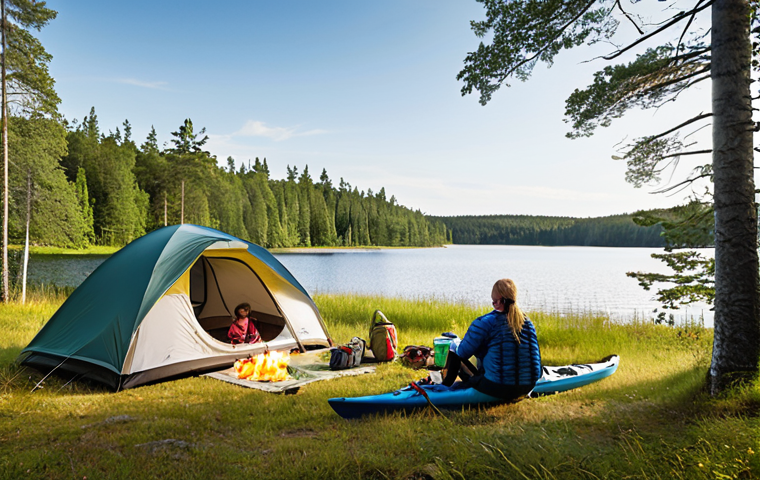 A scenic campsite in Sweden during summer. Show a family setting up a tent near a calm lake surrounded by lush green forest. Capture the "Allemansrätten" spirit, emphasizing respect for nature. Include kayaking equipment and clear skies.