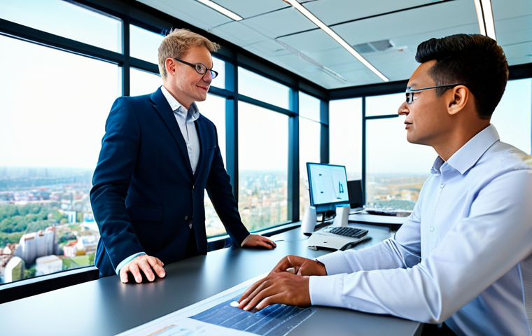A diverse group of professional engineers and scientists, fully clothed in modern, modest business casual attire, collaboratively discussing data on large digital screens in a bright, futuristic research and development laboratory. The lab features sleek, minimalist design, with subtle integrated elements of sustainable technology, such as miniature wind turbine models on a desk and a view of a green cityscape through a large window. The atmosphere is one of focused innovation and forward-thinking. Perfect anatomy, correct proportions, natural poses, well-formed hands, proper finger count, natural body proportions. High-quality professional photography, detailed, realistic, sharp focus, vibrant colors, clean lighting. Safe for work, appropriate content, professional, family-friendly.