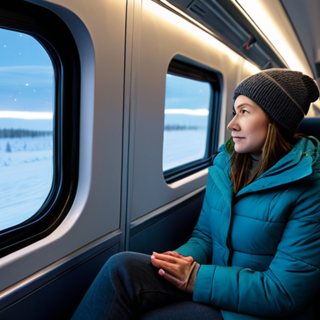 A professional female traveler in modest, warm winter clothing, comfortably seated in a cozy private compartment of a modern night train, looking out a large window at a snow-covered Lapland landscape with faint, ethereal Aurora Borealis in the distance. The train interior is well-lit and inviting, suggesting a peaceful journey. Perfect anatomy, correct proportions, natural pose, well-formed hands, proper finger count, natural body proportions, professional photography, cinematic lighting, high resolution, safe for work, appropriate content, fully clothed, modest, family-friendly.
