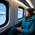 A professional female traveler in modest, warm winter clothing, comfortably seated in a cozy private compartment of a modern night train, looking out a large window at a snow-covered Lapland landscape with faint, ethereal Aurora Borealis in the distance. The train interior is well-lit and inviting, suggesting a peaceful journey. Perfect anatomy, correct proportions, natural pose, well-formed hands, proper finger count, natural body proportions, professional photography, cinematic lighting, high resolution, safe for work, appropriate content, fully clothed, modest, family-friendly.