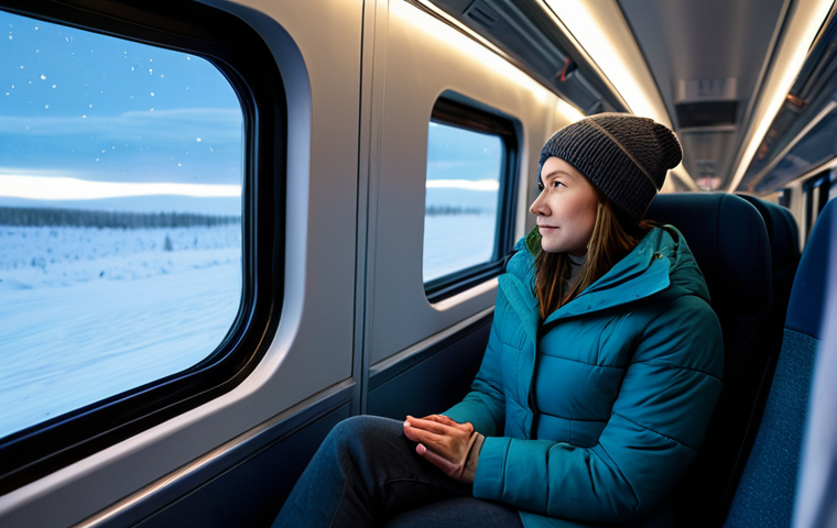 A professional female traveler in modest, warm winter clothing, comfortably seated in a cozy private compartment of a modern night train, looking out a large window at a snow-covered Lapland landscape with faint, ethereal Aurora Borealis in the distance. The train interior is well-lit and inviting, suggesting a peaceful journey. Perfect anatomy, correct proportions, natural pose, well-formed hands, proper finger count, natural body proportions, professional photography, cinematic lighting, high resolution, safe for work, appropriate content, fully clothed, modest, family-friendly.