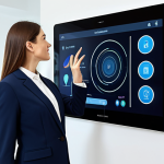 A professional female architect in a modest, contemporary business suit, fully clothed, standing in a bright, minimalist smart home interior. She is interacting with an advanced touch-screen interface on a smart wall, demonstrating human-centric design principles. The background features clean lines, integrated technology, and elegant, functional furniture. Perfect anatomy, correct proportions, natural pose, well-formed hands, proper finger count, natural body proportions, professional photography, high resolution, safe for work, appropriate content, professional, family-friendly.