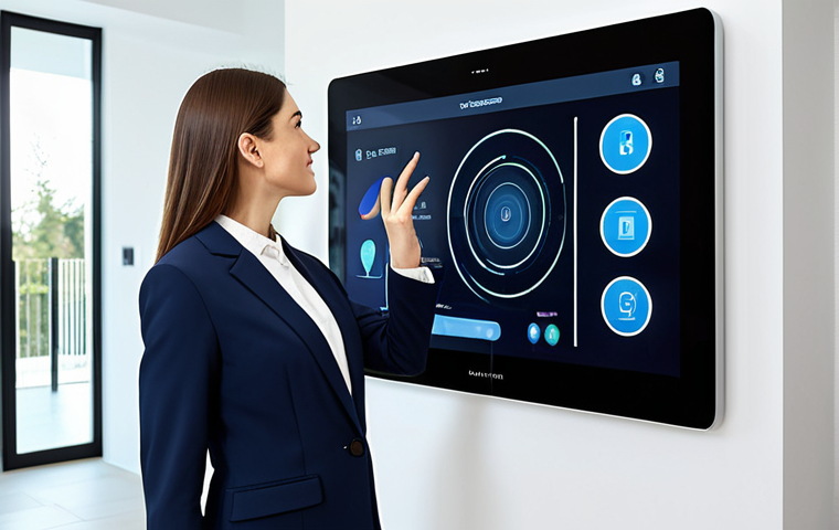 A professional female architect in a modest, contemporary business suit, fully clothed, standing in a bright, minimalist smart home interior. She is interacting with an advanced touch-screen interface on a smart wall, demonstrating human-centric design principles. The background features clean lines, integrated technology, and elegant, functional furniture. Perfect anatomy, correct proportions, natural pose, well-formed hands, proper finger count, natural body proportions, professional photography, high resolution, safe for work, appropriate content, professional, family-friendly.
