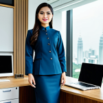 **

A professional woman in a tailored, modest baju kurung, standing in a modern office setting in Kuala Lumpur, fully clothed, appropriate attire, safe for work, perfect anatomy, natural pose, professional photography, high quality, family-friendly.

**