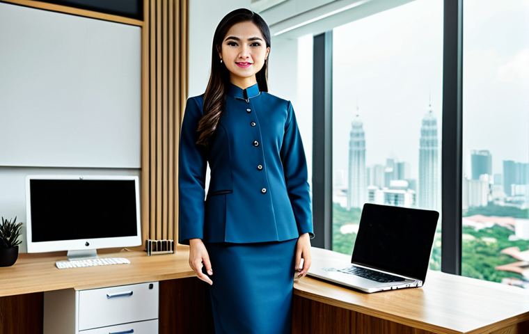 **
A professional woman in a tailored, modest baju kurung, standing in a modern office setting in Kuala Lumpur, fully clothed, appropriate attire, safe for work, perfect anatomy, natural pose, professional photography, high quality, family-friendly.
**