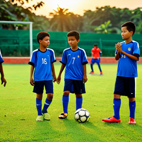 Home 9 Young Footballers**
"A group of young Malaysian children, fully clothed in modest sports attire, practicing football in a kampung field at sunset. Appropriate content, safe for work, perfect anatomy, natural proportions, family-friendly, well-formed hands, proper finger count, natural body proportions, professional."
**