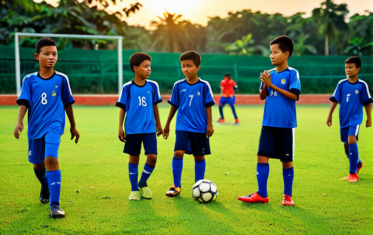 Young Footballers**
"A group of young Malaysian children, fully clothed in modest sports attire, practicing football in a kampung field at sunset. Appropriate content, safe for work, perfect anatomy, natural proportions, family-friendly, well-formed hands, proper finger count, natural body proportions, professional."
**
